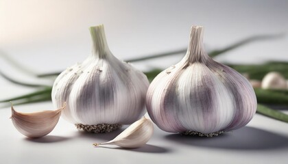 two young garlic heads and cloves isolated on white background