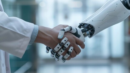Poster - Human and robot handshake representing partnership - A robot and human hand in handshake, depicting concepts of artificial intelligence, human-robot collaboration and future technology