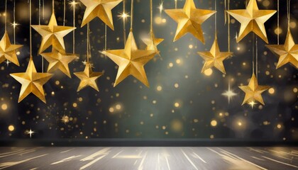 Poster - dark room with golden stars hanging from the ceiling on a blurred background