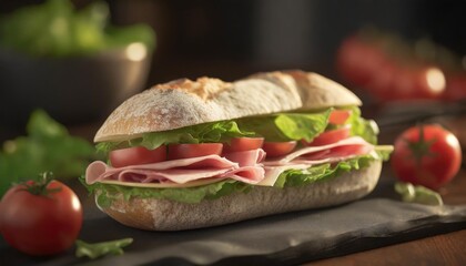 Canvas Print - ciabatta sandwich with lettuce tomatoes ham