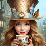 Fototapeta Konie - little girl Alice dressed in fashionable hat from  wonderland holding tea cup. close up. Ai generated