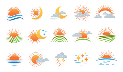 Wall Mural - rising sun. stars moon and setting sun in clouds recent vector symbols of day and night