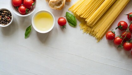 Canvas Print - top view of white surface with italian food in background