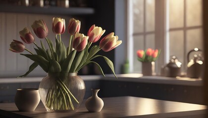 Poster - tulips in a vase in front of a kitchen window