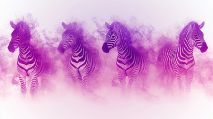 Sticker - a group of three zebras standing next to each other in front of a pink and purple smoke filled background.