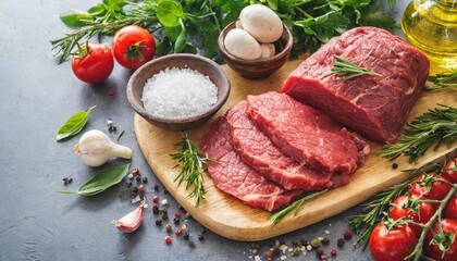 Canvas Print - pieces of raw roast beef meat with ingredients