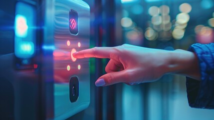 Wall Mural - Close-Up of Hand Pressing Illuminated Elevator Button