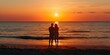 Couple watches sun set basking in warm hues on beach. Concept Romantic Photoshoot, Sunset Moments, Beach Photography