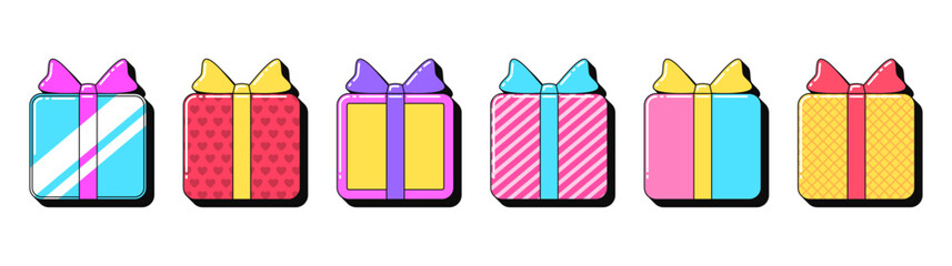 Poster - Isolated retro gift icon set, vector stickers. Get present, birthday giftbox, surprise, bonus prize, giveaway reward. Outline gift boxes with pattern. Retro design elements for ads and pop culture