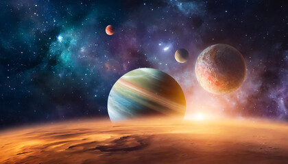  Infinite universe with stars and galaxies. Sci-fi landscape with planets. Open space.