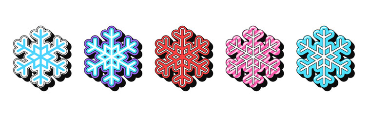 Poster - Isolated retro snowflake icon set, vector stickers. Snow flakes, winter time, frost, cold season, frozen star. Outline 3d snowflakes with pattern. Retro design elements for party and pop culture