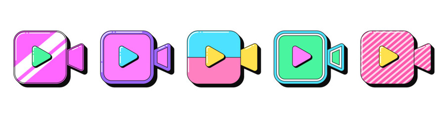 Poster - Isolated retro video camera icon set, vector stickers. Music clip, play channel, entertainment movie and media content, live video show. Outline camcorders with pattern. Retro design elements for ads