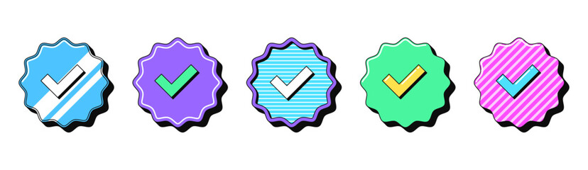 Poster - Isolated retro Verified badge icon set, vector stickers. Blue tick checkmark tag, verified user, certified and original account. Outline Verification marks with pattern. Retro design elements for ads