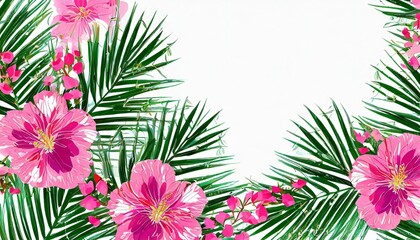 Sticker - pink flower border with palm leaves on white background