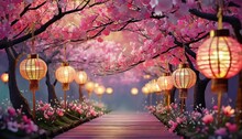 Festive Background With Chinese Paper Lanterns And Pink Blooming Trees