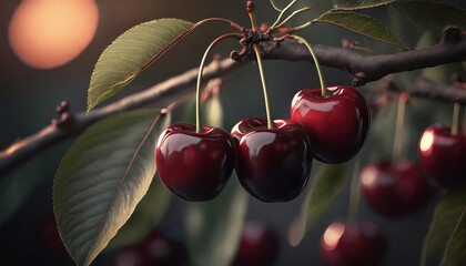 Canvas Print - close up on big cherries hanging on a cherry tree branch