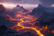 © KirKam - Primordial Forces: Dramatic Volcanic Landscape with Rivers of Lava Flowing Through Mountain Ranges