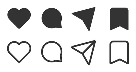 Set of Generic social media user interface icons. Like, comment, Share, Love and save flat vector icons