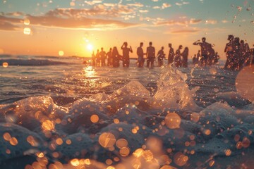 Sticker - A group of people are in the ocean, with the sun setting in the background. Summer foam party concept