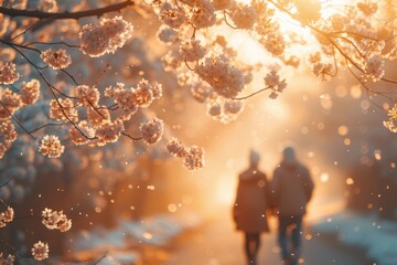 Wall Mural - A couple walking in the snow with cherry blossoms in the background