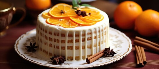 Wall Mural - A delicious cake adorned with orange slices and cinnamon sticks on a plate, showcasing a beautiful cake decorating presentation