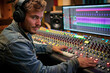 © ADDICTIVE STOCK - A focused audio engineer adjusts the mixing desk in a sound recording studio with digital audio workstation on screen. Generative AI