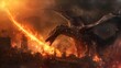 a dragon destroying a city with his fire, dragon flying over the city he destroyed