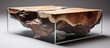 A piece of hardwood is displayed inside a glass cube, serving as an art piece. It could be used as a table or flooring in a building, house, or even as a toy for a carnivore like a cat