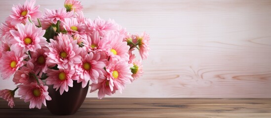 Sticker - A beautiful pink flowerfilled vase enhances the wooden table. The delicate petals add a touch of art to the houseplant arrangement