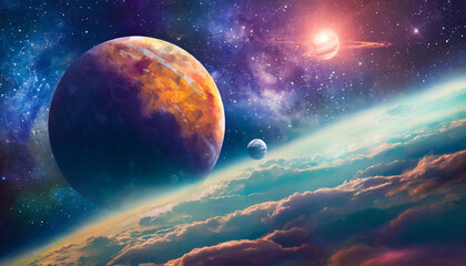Wall Mural - Infinite universe with stars and galaxies. Sci-fi landscape with planets. Open space.