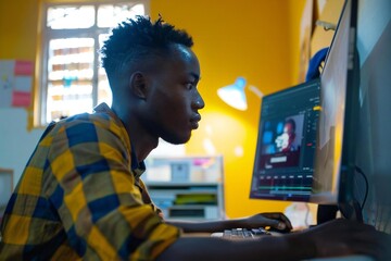 Leinwandbilder - Black African Graphic Designer Editing Print at Desk