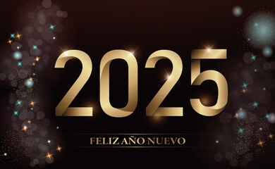 tarjeta o pancarta para desear un feliz año nuevo 2025 en oro sobre fondo negro y a cada lado estrellas y círculos de diferentes colores en efecto bokeh