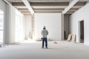 Wall Mural - worker in work clothes stands in front of a huge white wall of a modern contemporary interior which is undergoing renovation