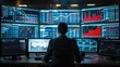 © visoot - A man working at a control room with large screens displaying rising graphs and traffic stats, operators monitoring and analyzing data, Efficient and technology. Generative AI.