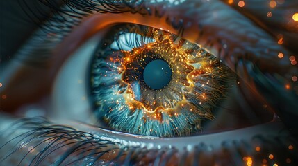 Poster - the visual similarity of the cosmic nebula and the iris of the eye with its intricate patterns and c