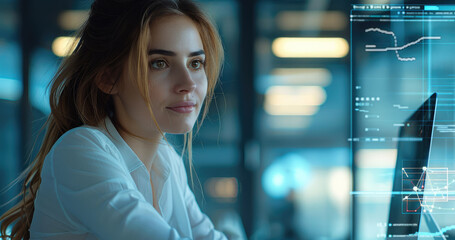 Poster - Beautiful corporation woman works on computer, background digital hologram. Generative AI.