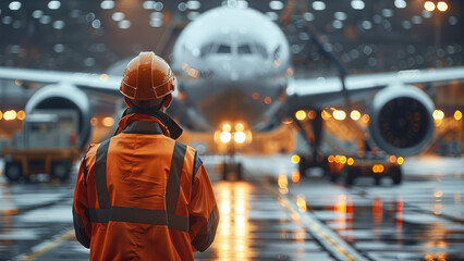 Worker with logistic job. logistics, airplane, front view. Generative AI.