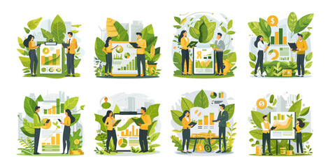 Fototapete - Business analytics charts infographics scenes vector set. Men women coins holding tablets laptops clipboards characters, leaves petals stems background isolated illustrations concepts