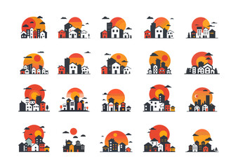 Poster - cityscapes logo minimalistic vector set. one storey multi storey architecture buildings sun horizons