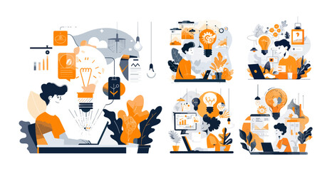 Poster - Creative process scenes minimalistic cartoon vector concepts. Sitting man laptop working character ideas light bulb incarnation thinking, room plants lamps interior illustrations isolated on white bac
