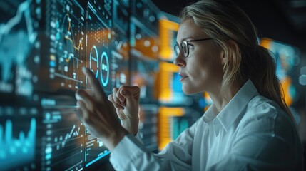 Poster - An employee engaging with a digital dashboard that displays key performance indicators, emphasizing the closeness to performance data. Generative AI.