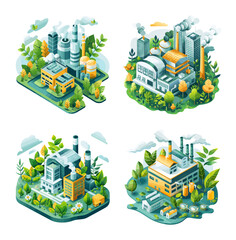 Poster - eco factory isometric vector concepts. ecologically clean green power facility plants, pipes heavy i