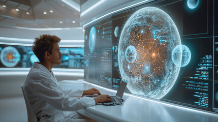 Fototapete - A researcher sitting in a modern high-tech laboratory, intensely focused on a large screen displaying complex quantum computing algorithms. Generative AI.