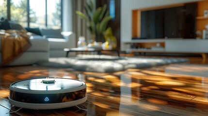 Fototapete - Vacuum hoover cleaning machine robot on schedule in a living room, Wireless cleaning machine robot with datum data and controls. Generative AI.