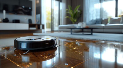 Poster - Vacuum hoover cleaning machine robot on schedule in a living room, Wireless cleaning machine robot with datum data and controls. Generative AI.