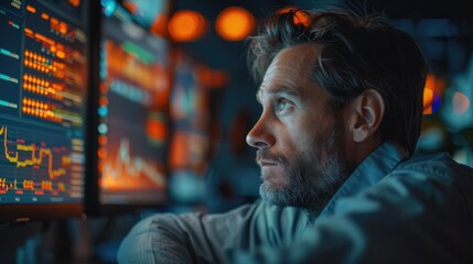 Aufkleber - A man commodity trader sitting in the room, distracted from his trading terminal, watching at the glowing abacus. Generative AI.