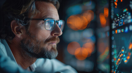 Aufkleber - A man commodity trader sitting in the room, distracted from his trading terminal, watching at the glowing abacus. Generative AI.