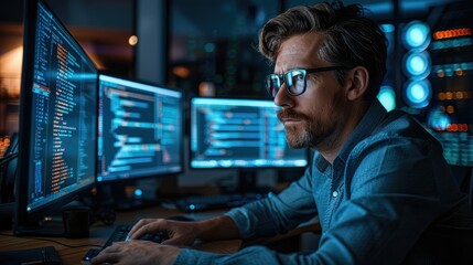 Poster - A skilled software developer coding. He is working at a workstation with several monitors. Generative AI.