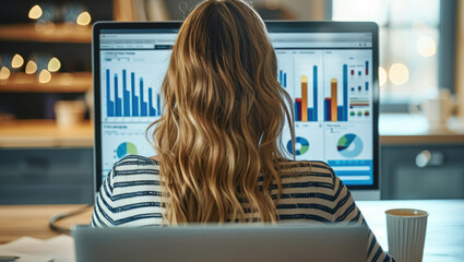 Poster - A woman uses a laptop to work. Diagrams and graphs on the computer screen. The laptop is on the table. Generative AI.
