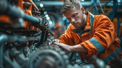 Fototapete - Plant mechanic working on a tractor engine. He is wearing orange high visibility overalls. Generative AI.